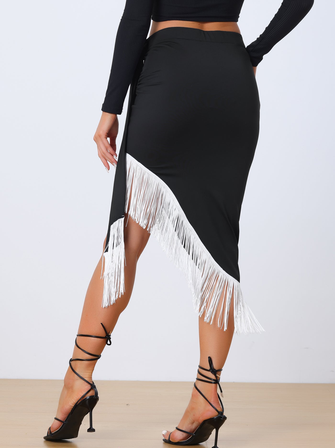 Allegra K Fringe Trim Bodycon Asymmetrical Ruched Tie Waist Party Midi Skirts