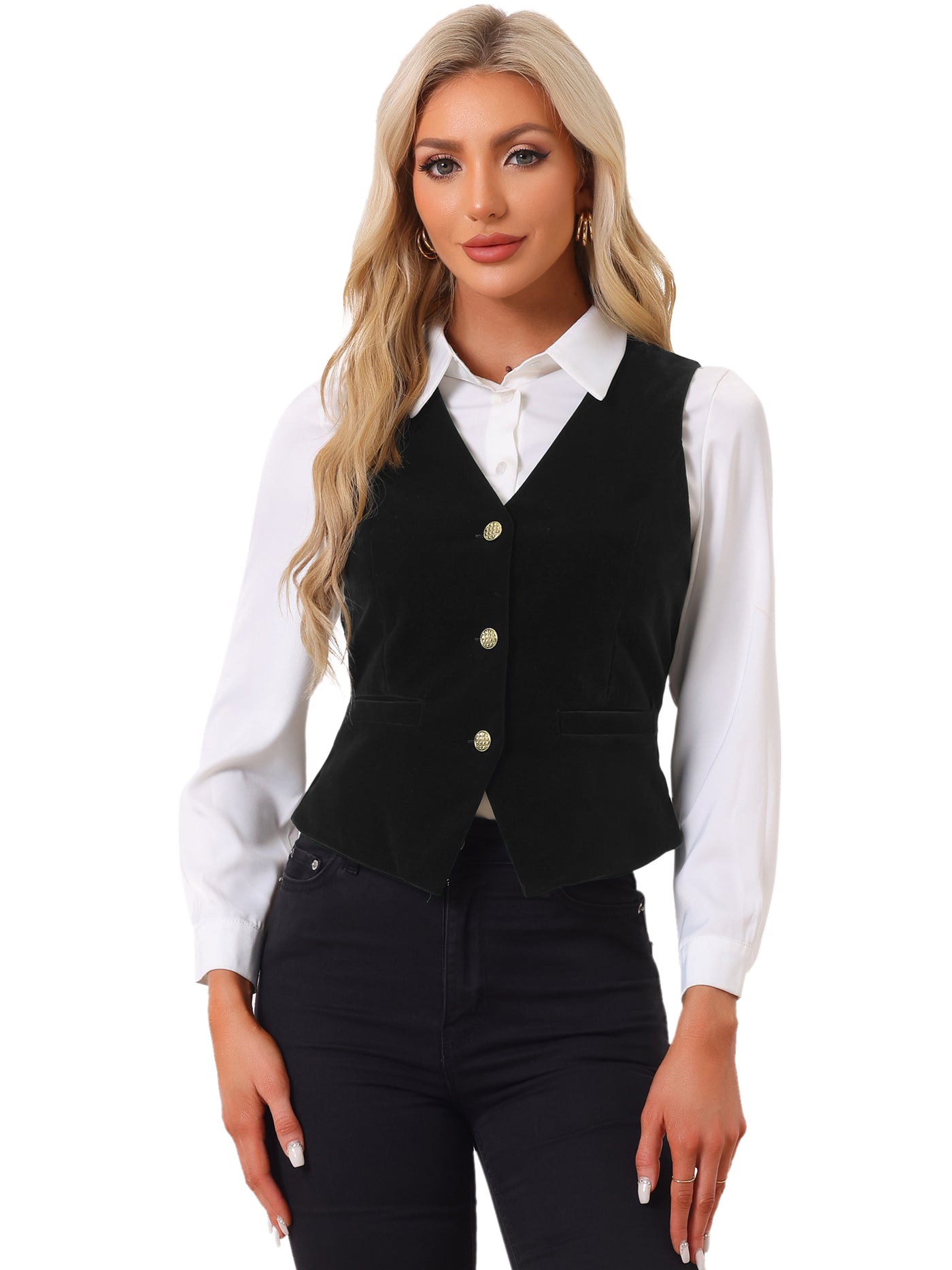 Allegra K Waistcoat Steampunk Velvet Sleeveless Button Down V-Neck Suit Vests