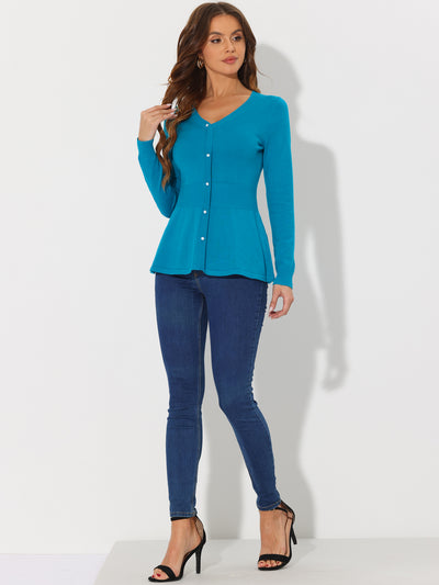 V Neck Long Sleeve Ribbed Pullover Knitted Peplum Top