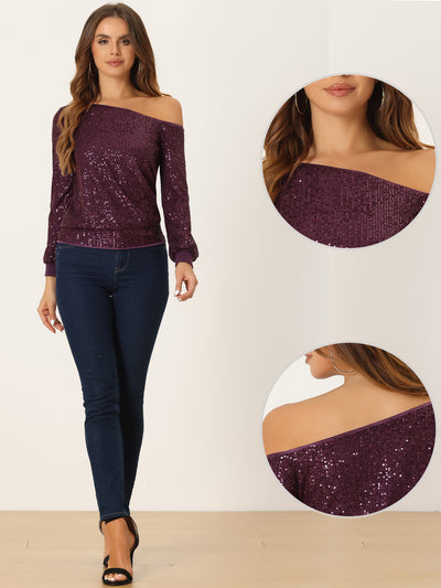 Off Shoulder Sequins Tops Disco Party Sparkly Glitter Top