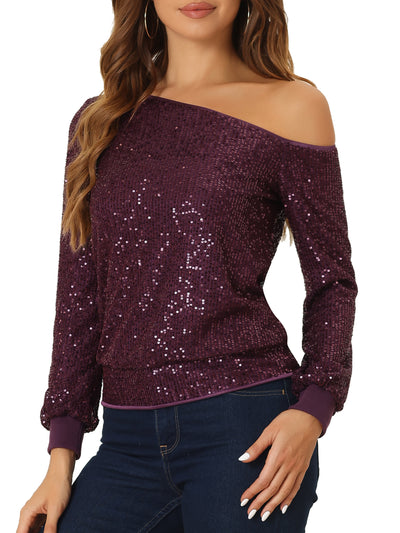 Off Shoulder Sequins Tops Disco Party Sparkly Glitter Top