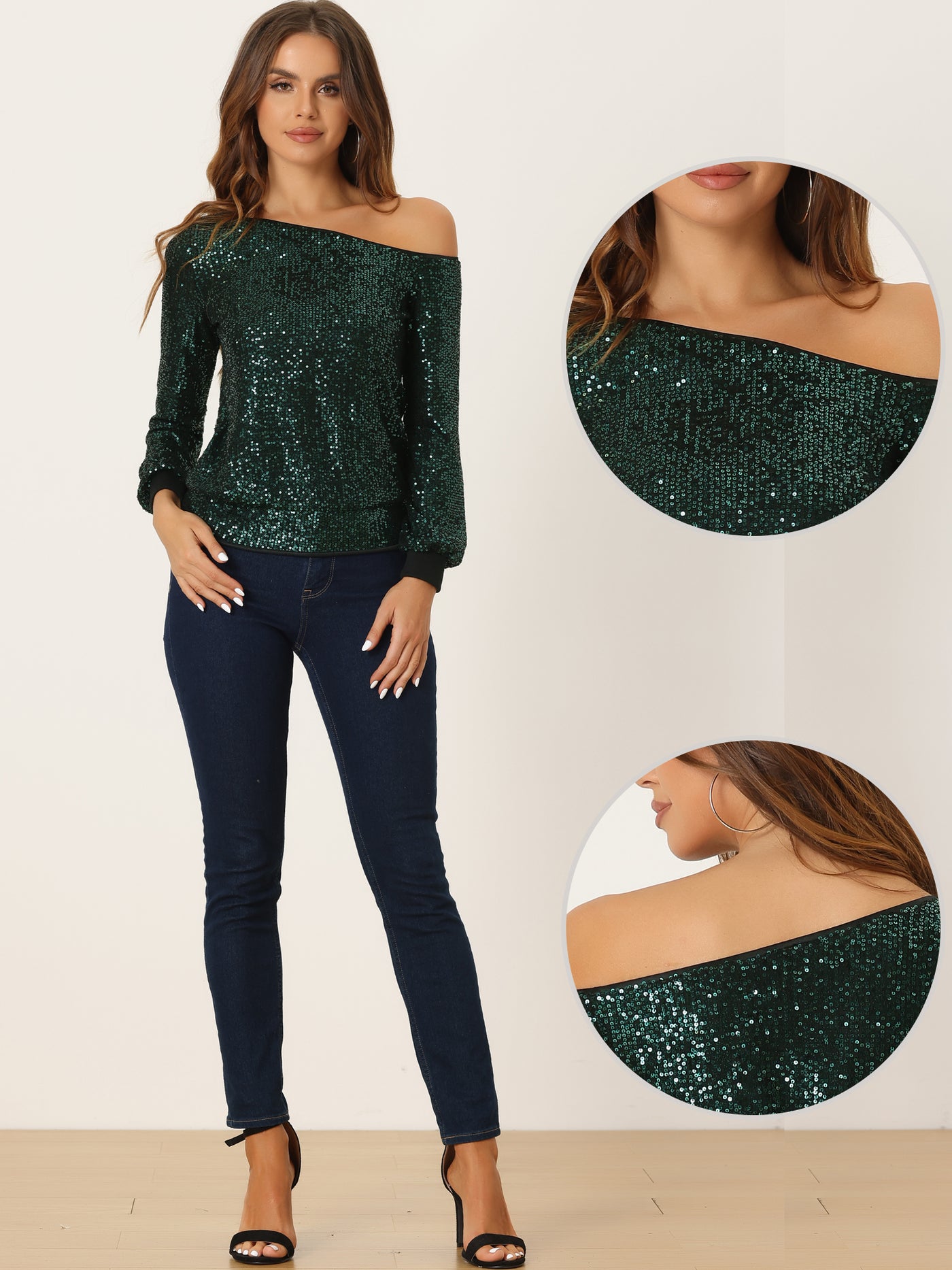 Allegra K Off Shoulder Sequins Tops Disco Party Sparkly Glitter Top