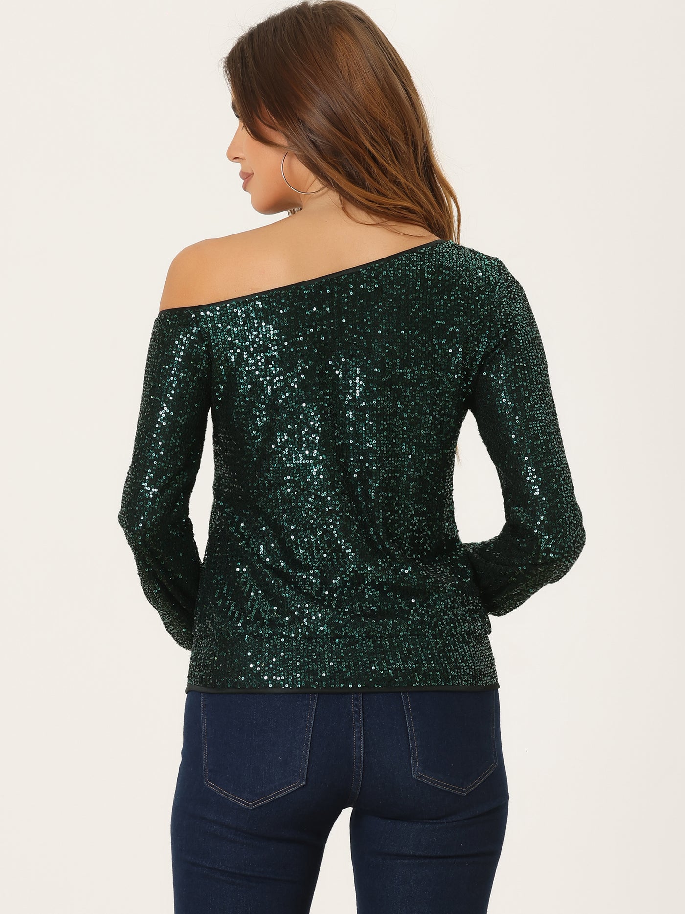 Allegra K Off Shoulder Sequins Tops Disco Party Sparkly Glitter Top