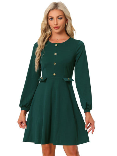 Crew Neck Office Contrast Button Decor Long Sleeve Dress