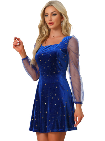 Puff Long Sleeve Square Neck Glitter Star Mini Velvet Dress