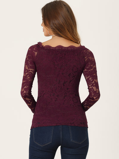 Off Shoulder Floral Lace Top Sheer Long Sleeves Casual Blouse