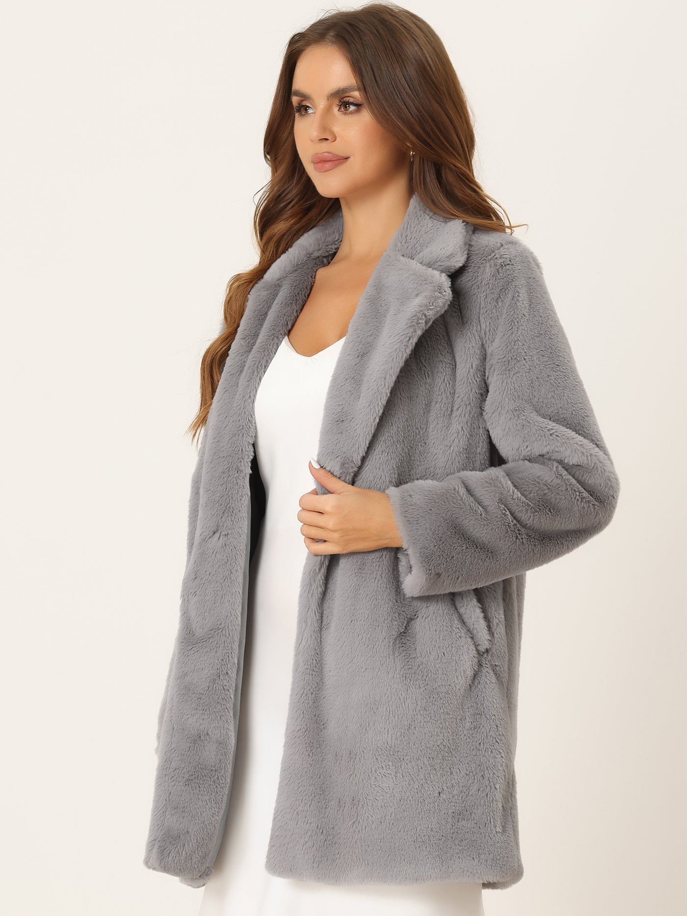 Allegra K Lapel Collar Faux Fur Fuzzy Winter Warm Pockets Coat Jacket
