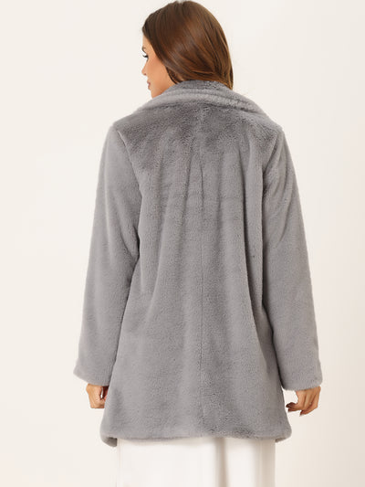 Lapel Collar Faux Fur Fuzzy Winter Warm Pockets Coat Jacket