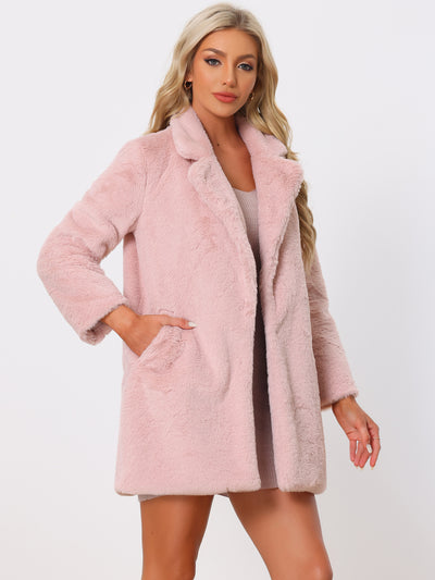 Lapel Collar Faux Fur Fuzzy Winter Warm Pockets Coat Jacket