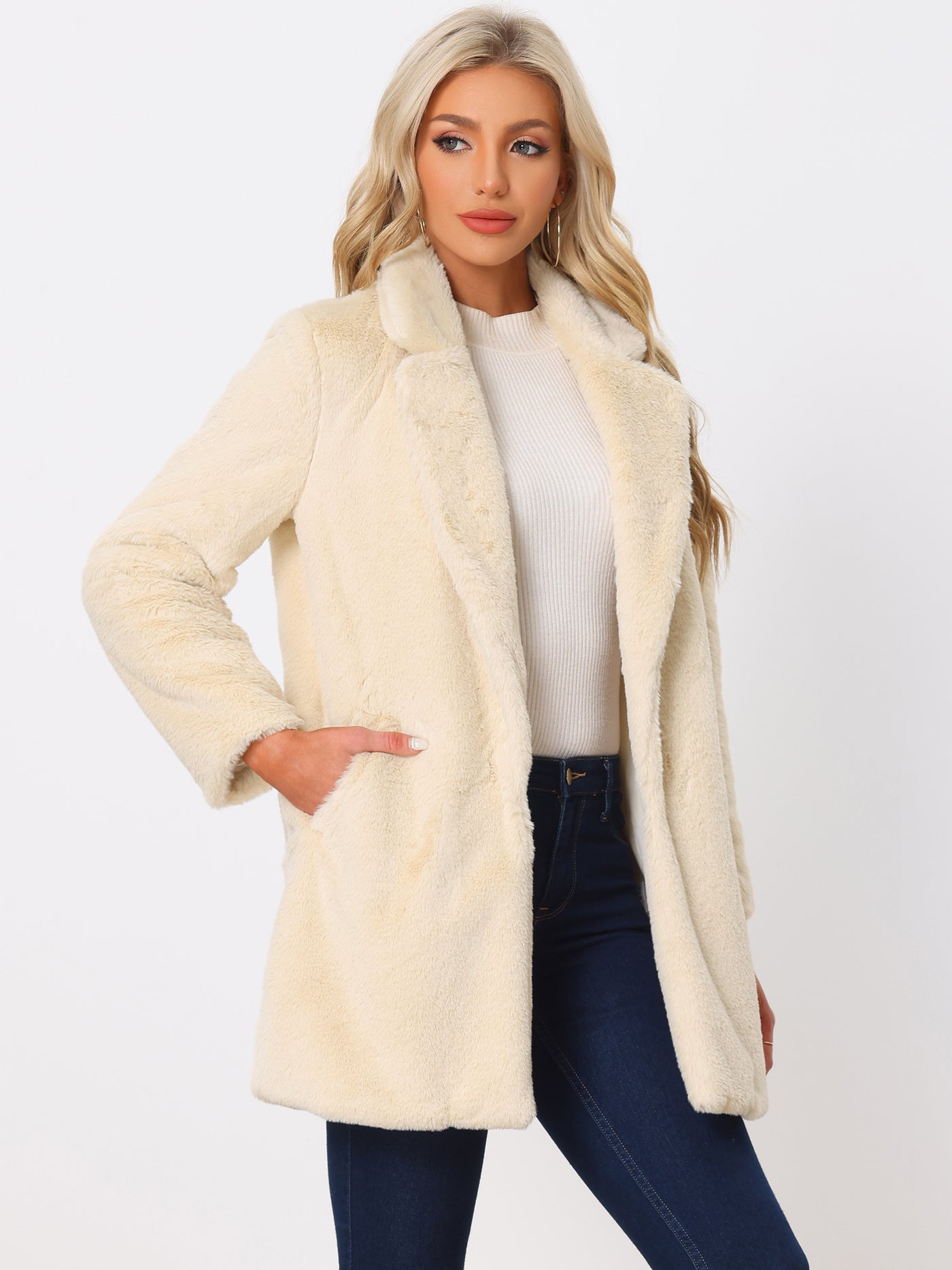 Allegra K Lapel Collar Faux Fur Fuzzy Winter Warm Pockets Coat Jacket