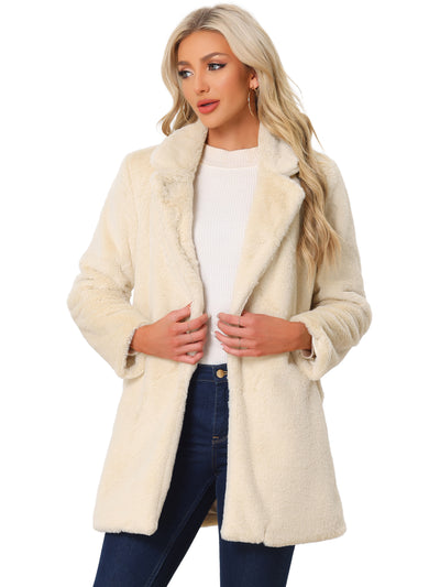 Lapel Collar Faux Fur Fuzzy Winter Warm Pockets Coat Jacket