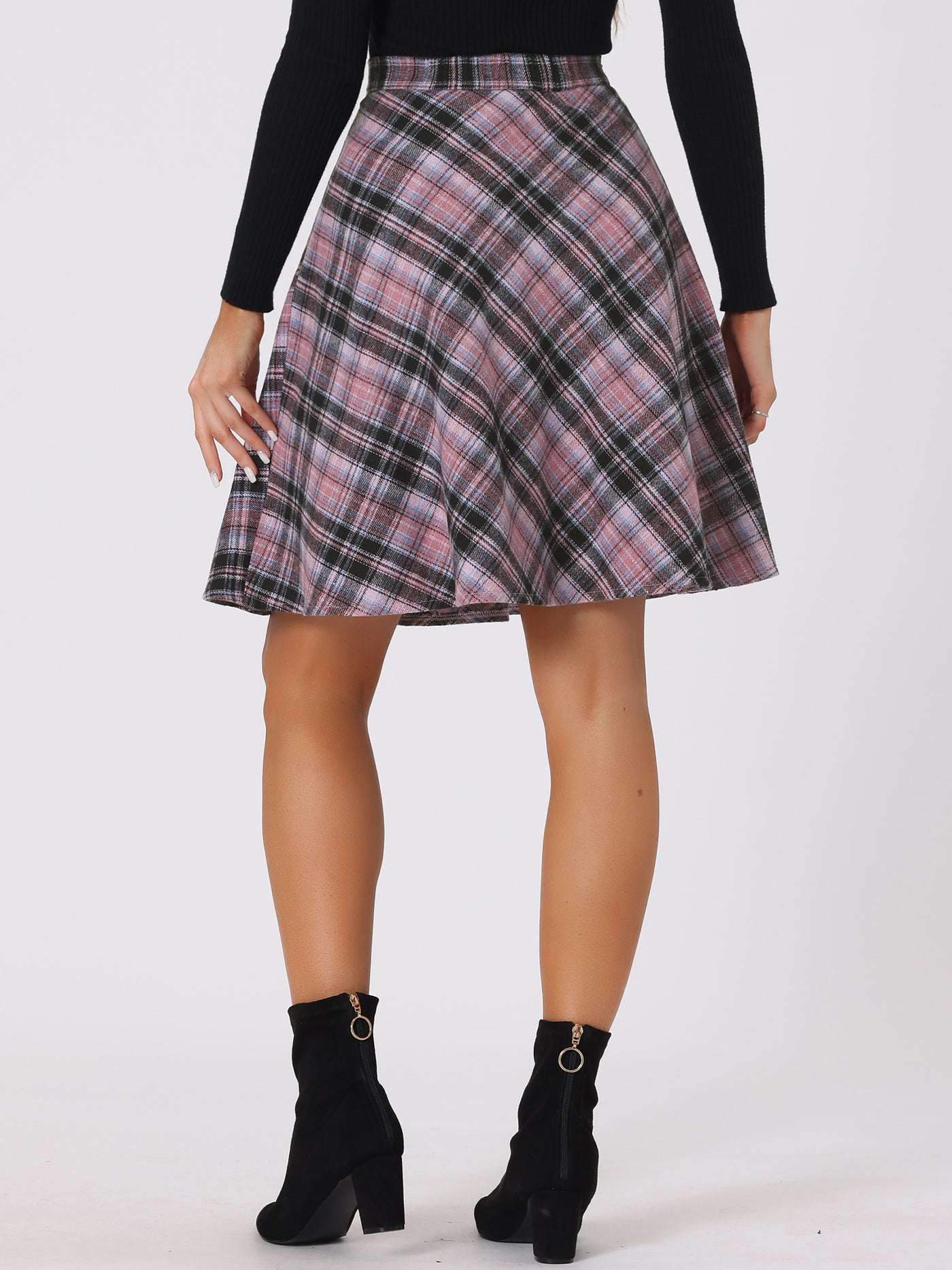 Allegra K Vintage Plaid Tartan Elastic Waist Knee Length A-Line Skirt