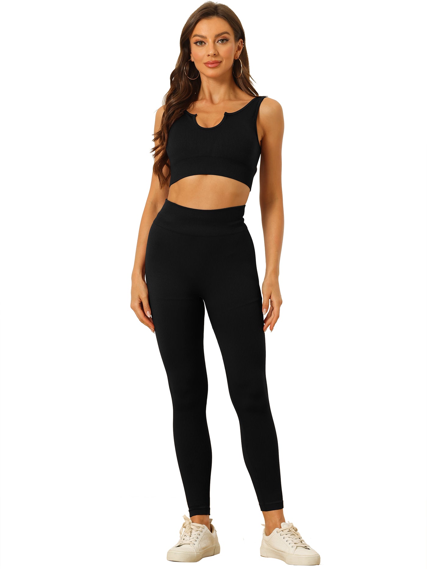 Allegra K 2 Piece Seamless Ribbed Sports Bra and High Waisted Leggings Workout Set