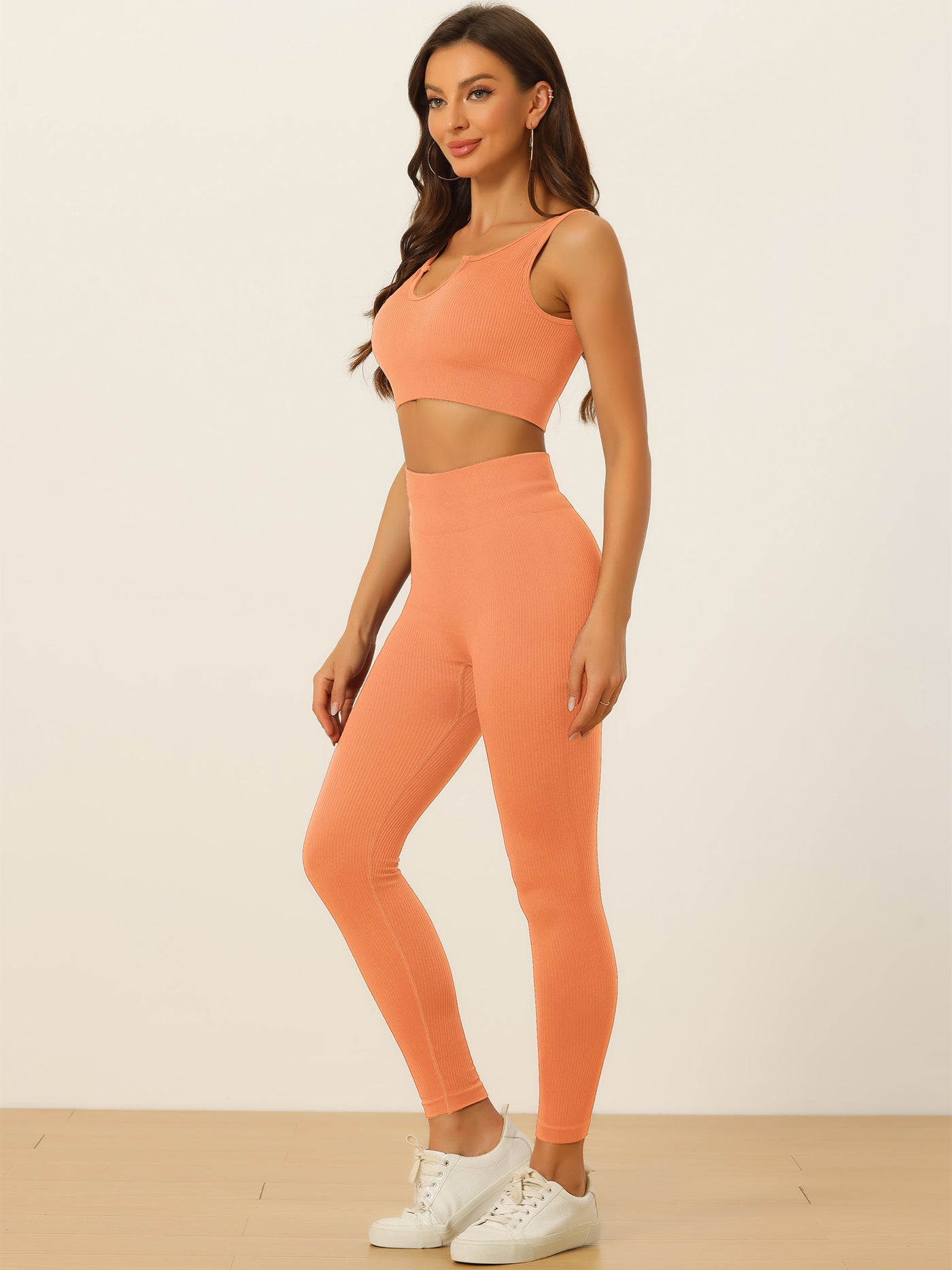 Allegra K 2 Piece Seamless Ribbed Sports Bra and High Waisted Leggings Workout Set