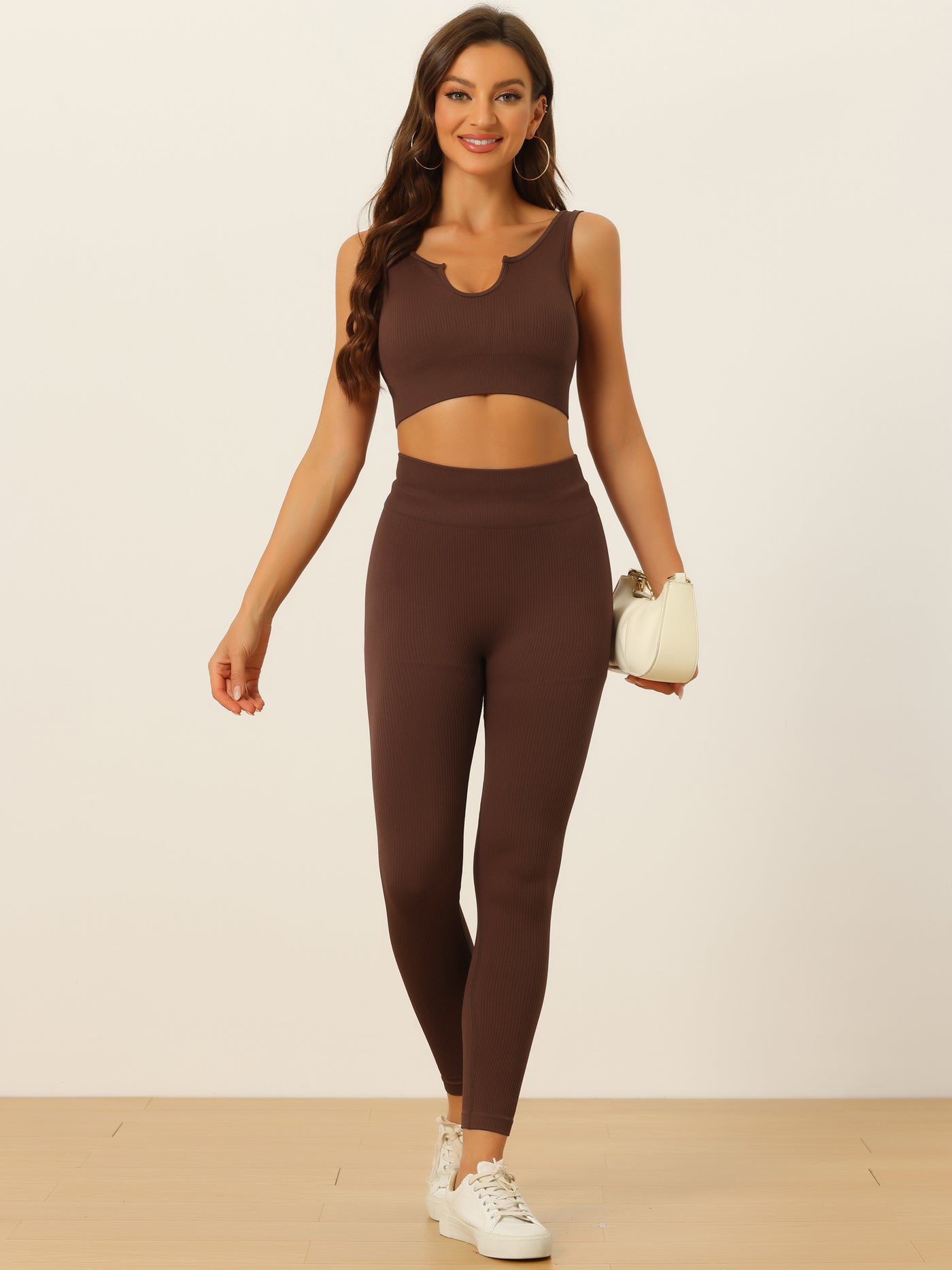 Allegra K 2 Piece Seamless Ribbed Sports Bra and High Waisted Leggings Workout Set