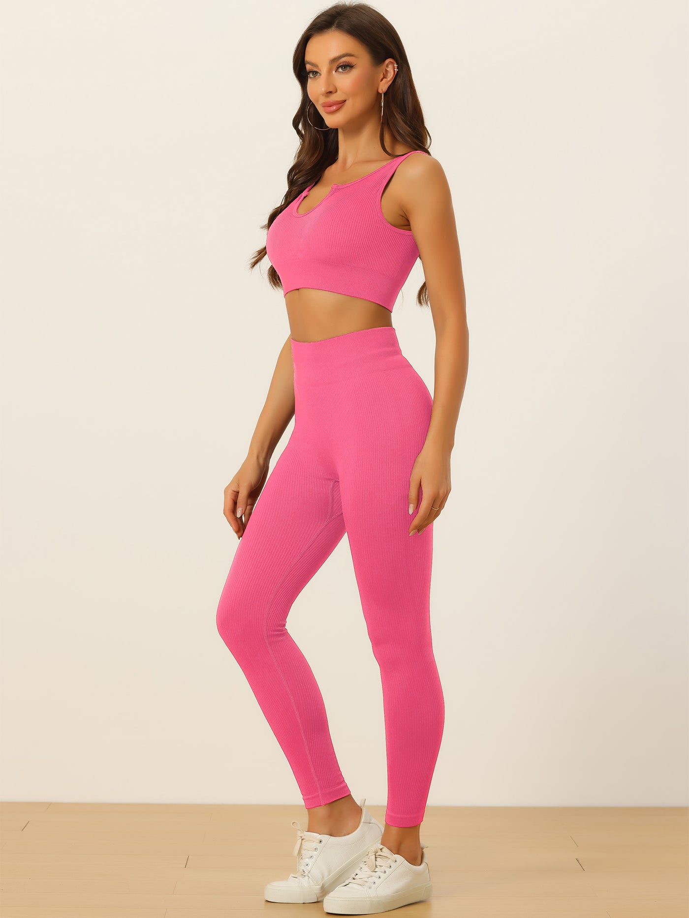 Allegra K 2 Piece Seamless Ribbed Sports Bra and High Waisted Leggings Workout Set