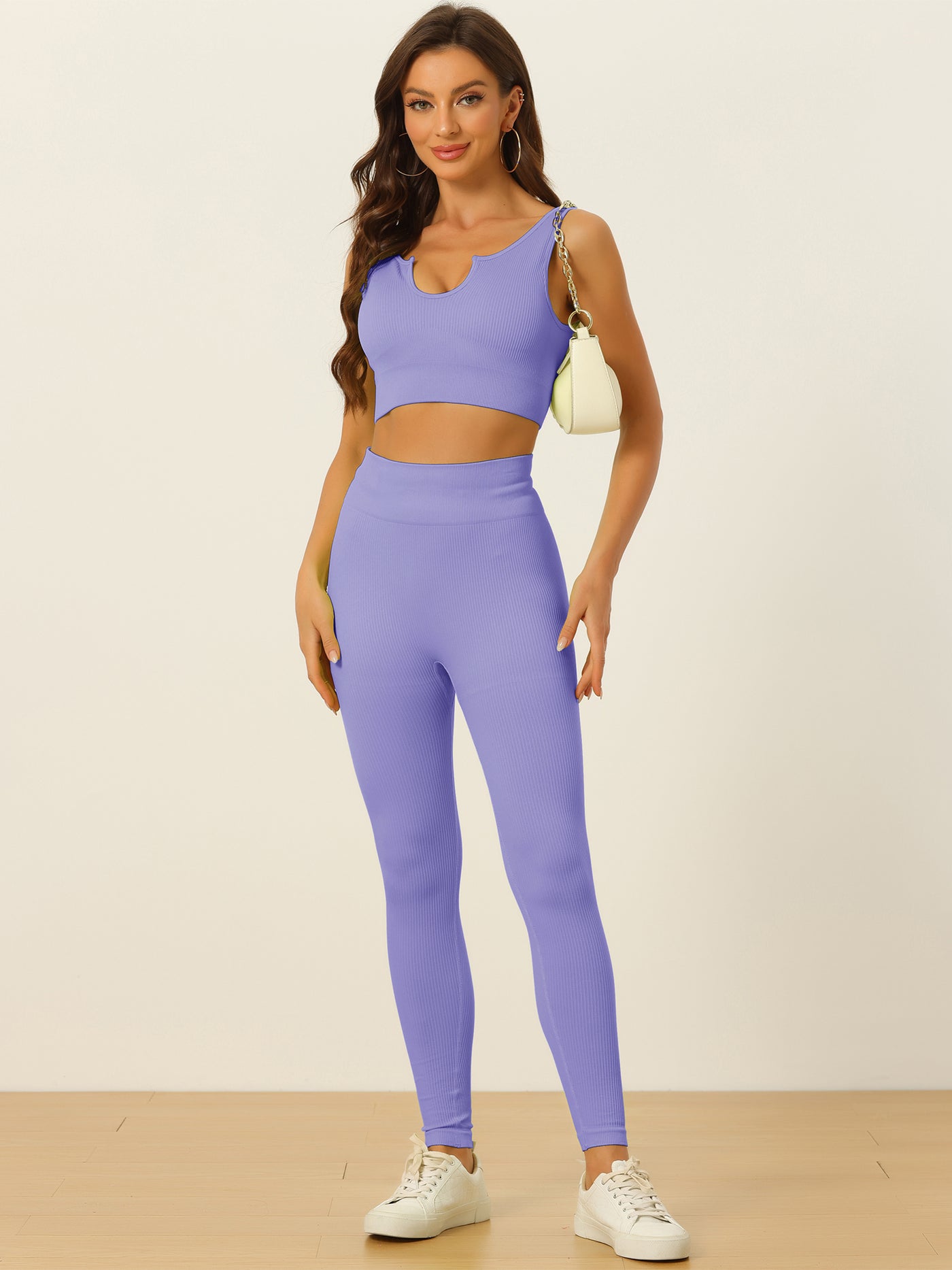 Allegra K 2 Piece Seamless Ribbed Sports Bra and High Waisted Leggings Workout Set