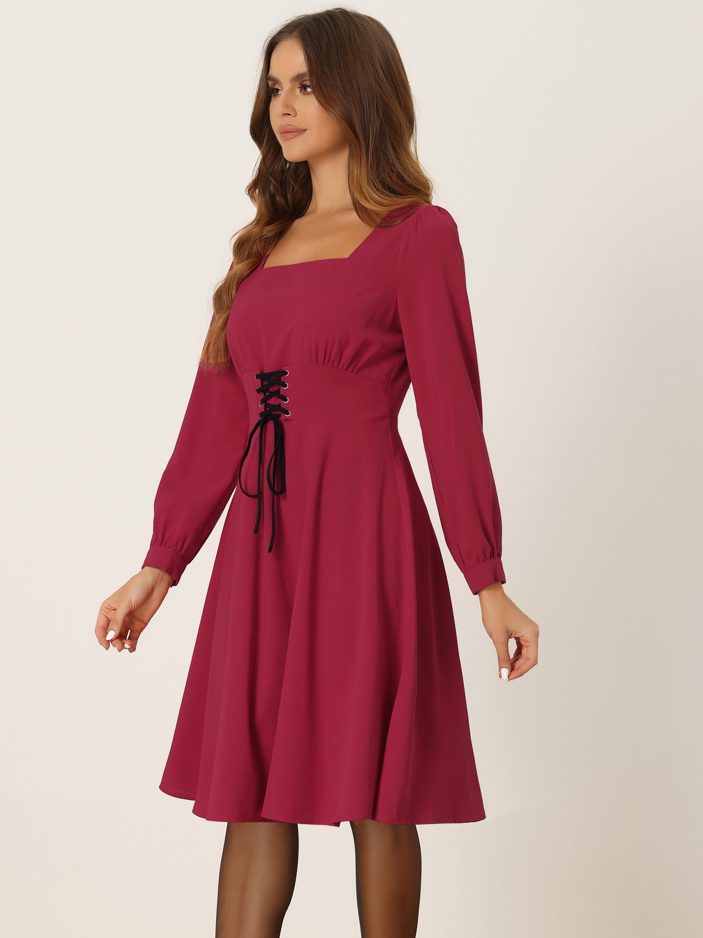 Allegra K Square Neck Lace Up Lantern Long Sleeve Midi A-Line Dress