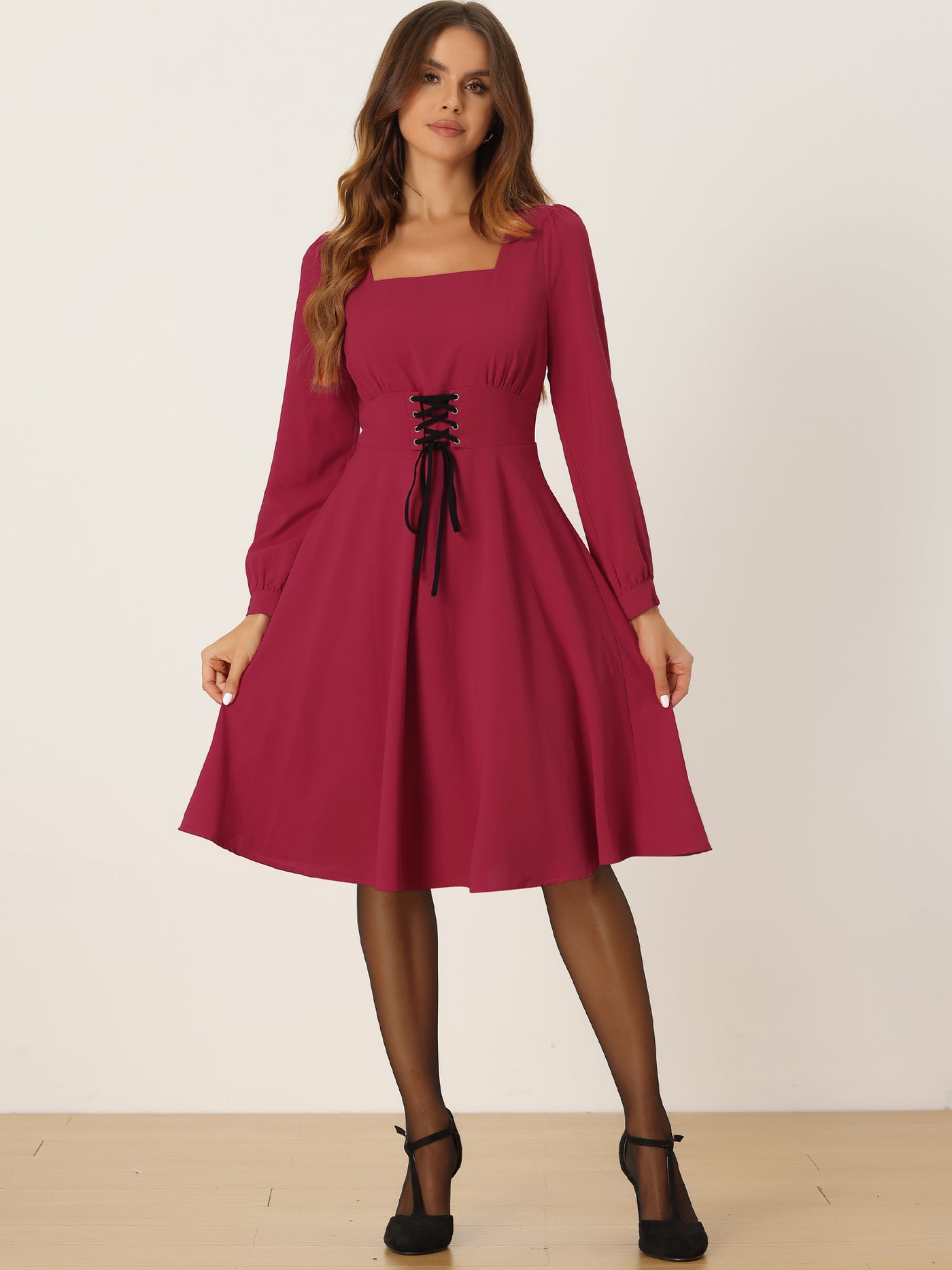 Allegra K Square Neck Lace Up Lantern Long Sleeve Midi A-Line Dress