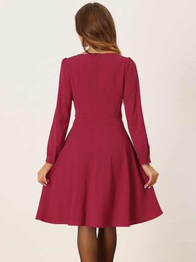 Square Neck Lace Up Lantern Long Sleeve Midi A-Line Dress