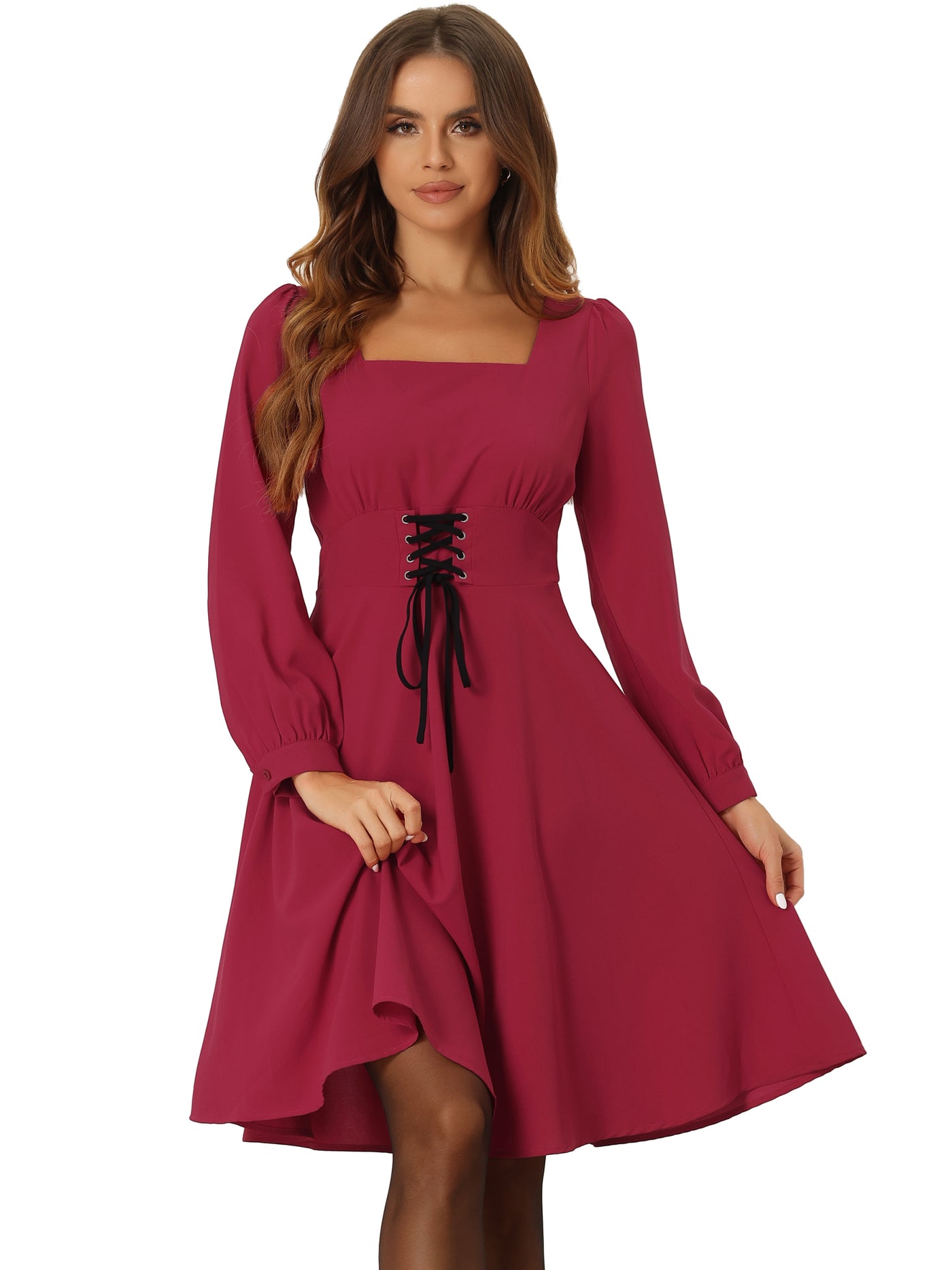 Allegra K Square Neck Lace Up Lantern Long Sleeve Midi A-Line Dress