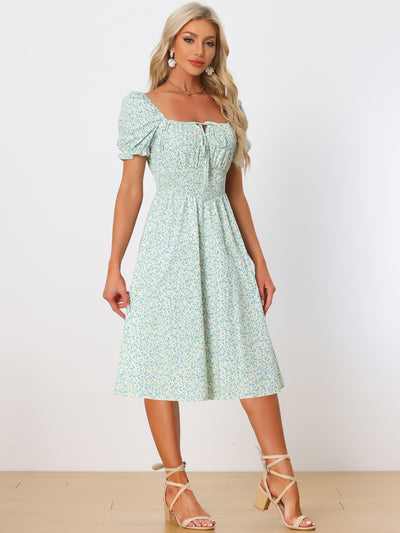 Summer Floral Puff Sleeve Square Neck Midi Smocked Dress