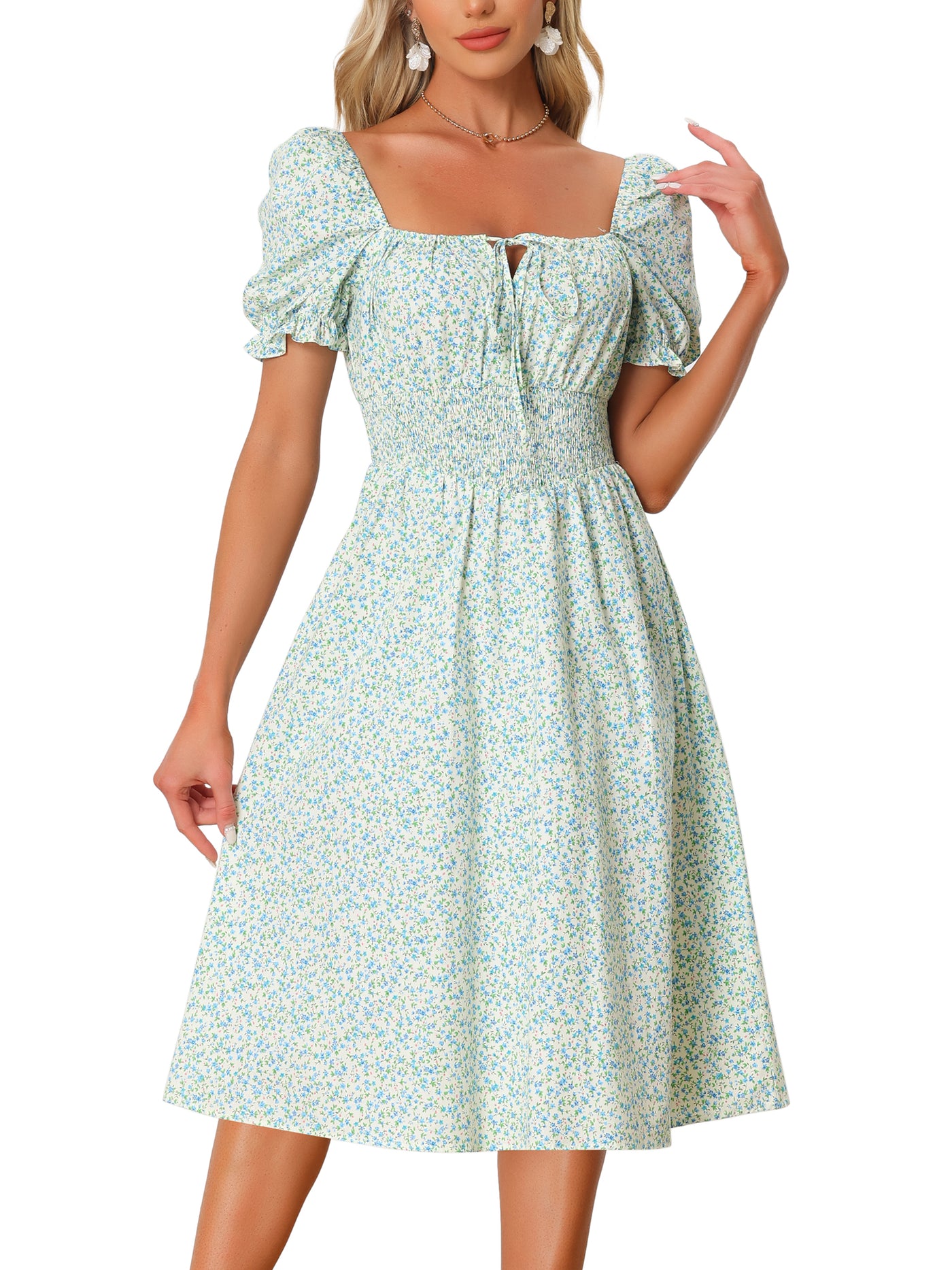 Allegra K Summer Floral Puff Sleeve Square Neck Midi Smocked Dress