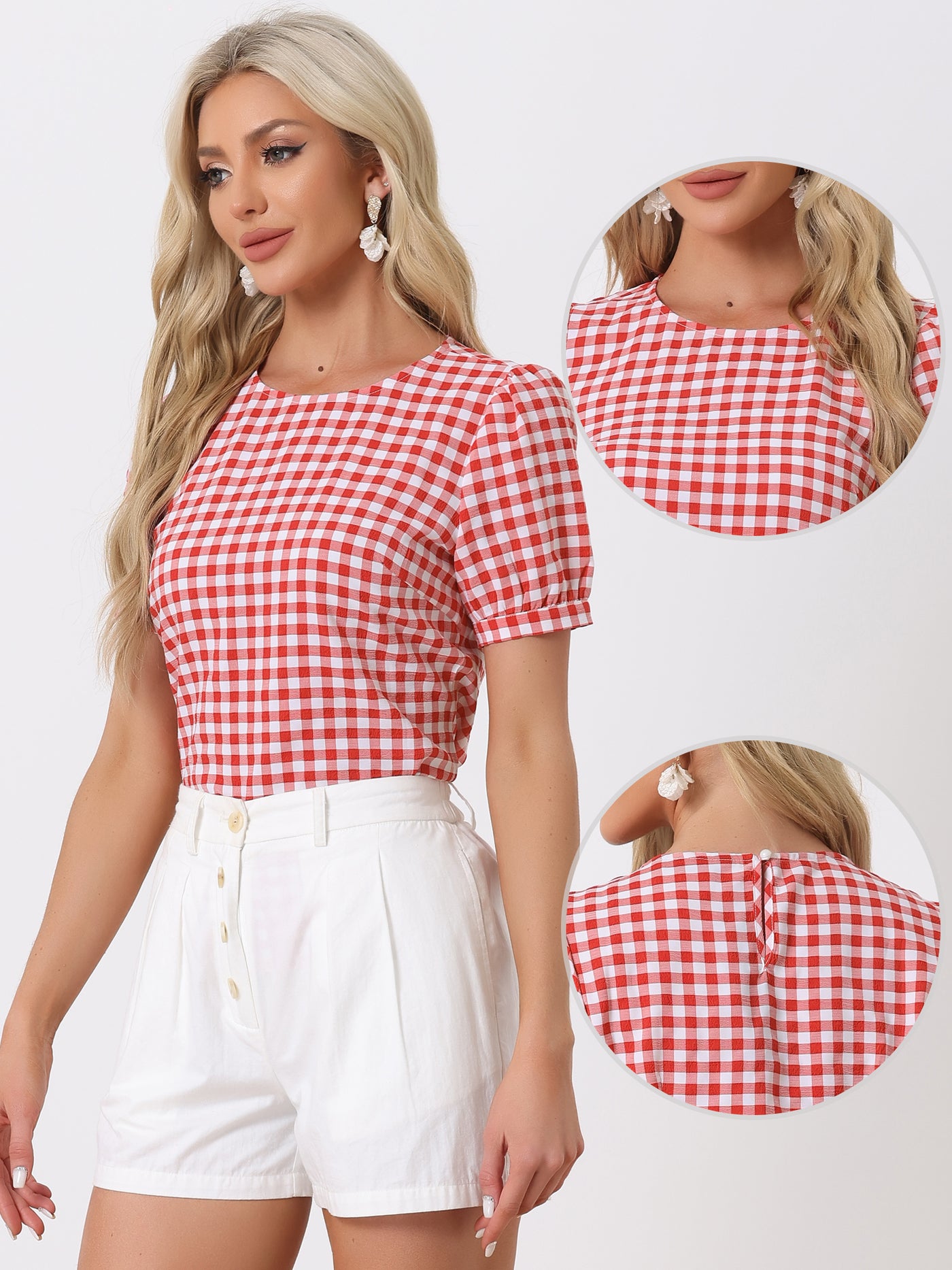 Allegra K Vintage Blouse Plaid Crew Neck Puff Sleeve Casual Gingham Tops
