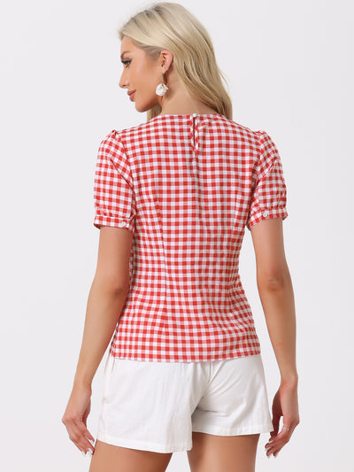 Vintage Blouse Plaid Crew Neck Puff Sleeve Casual Gingham Tops