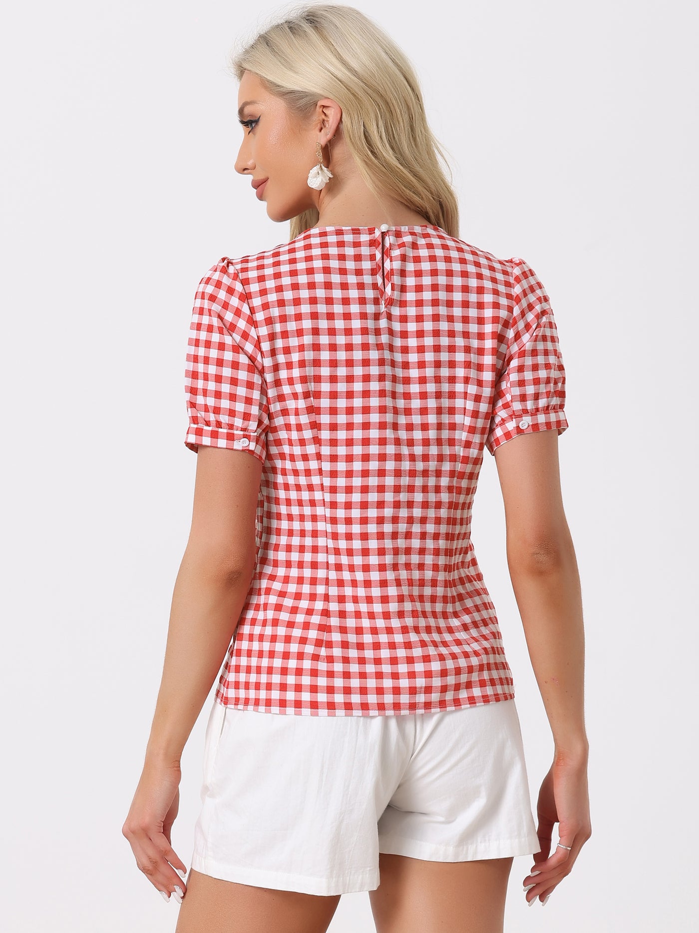 Allegra K Vintage Blouse Plaid Crew Neck Puff Sleeve Casual Gingham Tops