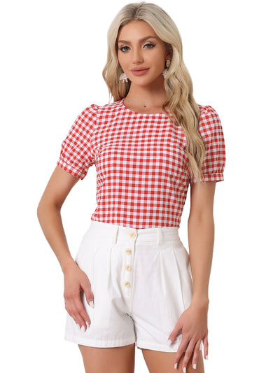 Vintage Blouse Plaid Crew Neck Puff Sleeve Casual Gingham Tops