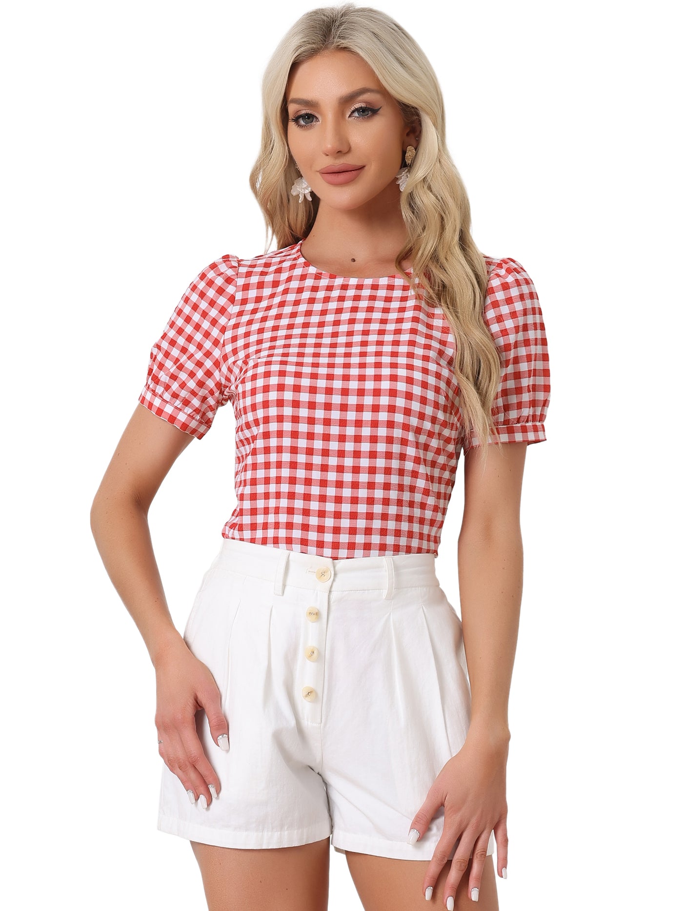 Allegra K Vintage Blouse Plaid Crew Neck Puff Sleeve Casual Gingham Tops