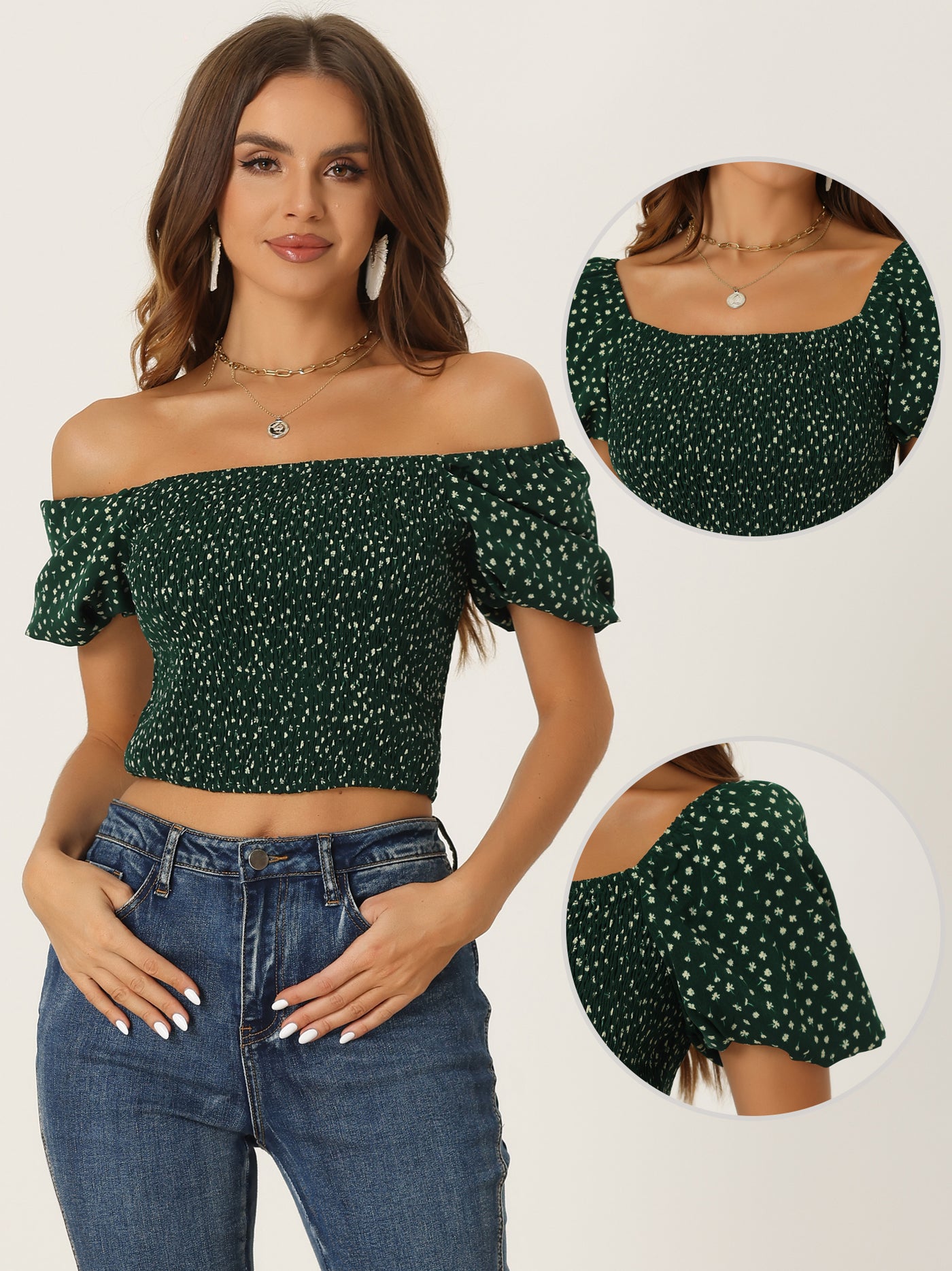 Allegra K Floral Smocked Tops Puff Sleeve Crop Top Summer Casual Blouse