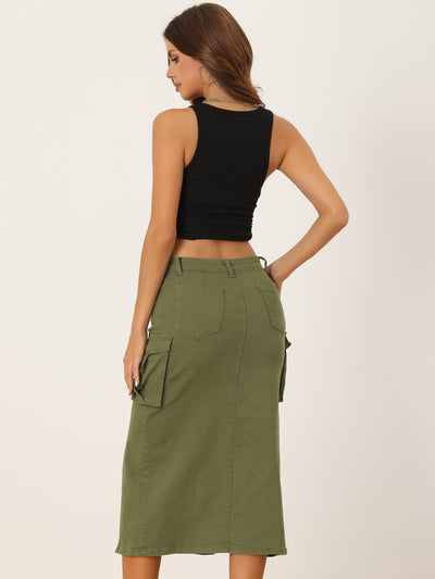 Denim Cargo Y2K Split Hem Midi Pocketed Jean Skirt