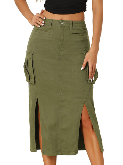 Denim Cargo Y2K Split Hem Midi Pocketed Jean Skirt