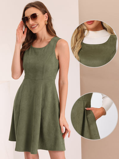 Faux Suede Overall Round Neck Sleeveless A-Line Pleated Dress
