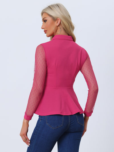 Mesh Sheer Long Sleeve Blouse Turn Down Collar Keyhole Peplum Top