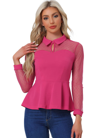 Mesh Sheer Long Sleeve Blouse Turn Down Collar Keyhole Peplum Top