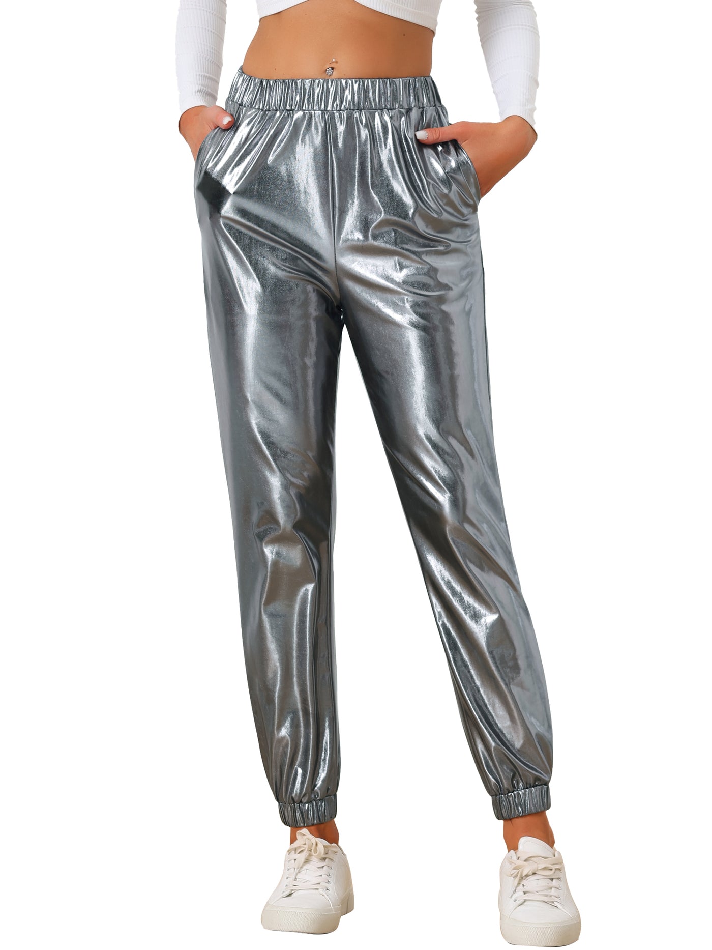 Allegra K Metallic Trousers Shiny Sparkle Elastic Waist Holographic Pants