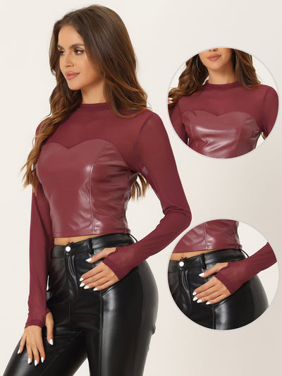 Sexy Top Faux Leather Mesh Sleeve Sweetheart Stand Collar Shirt