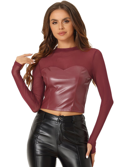 Sexy Top Faux Leather Mesh Sleeve Sweetheart Stand Collar Shirt