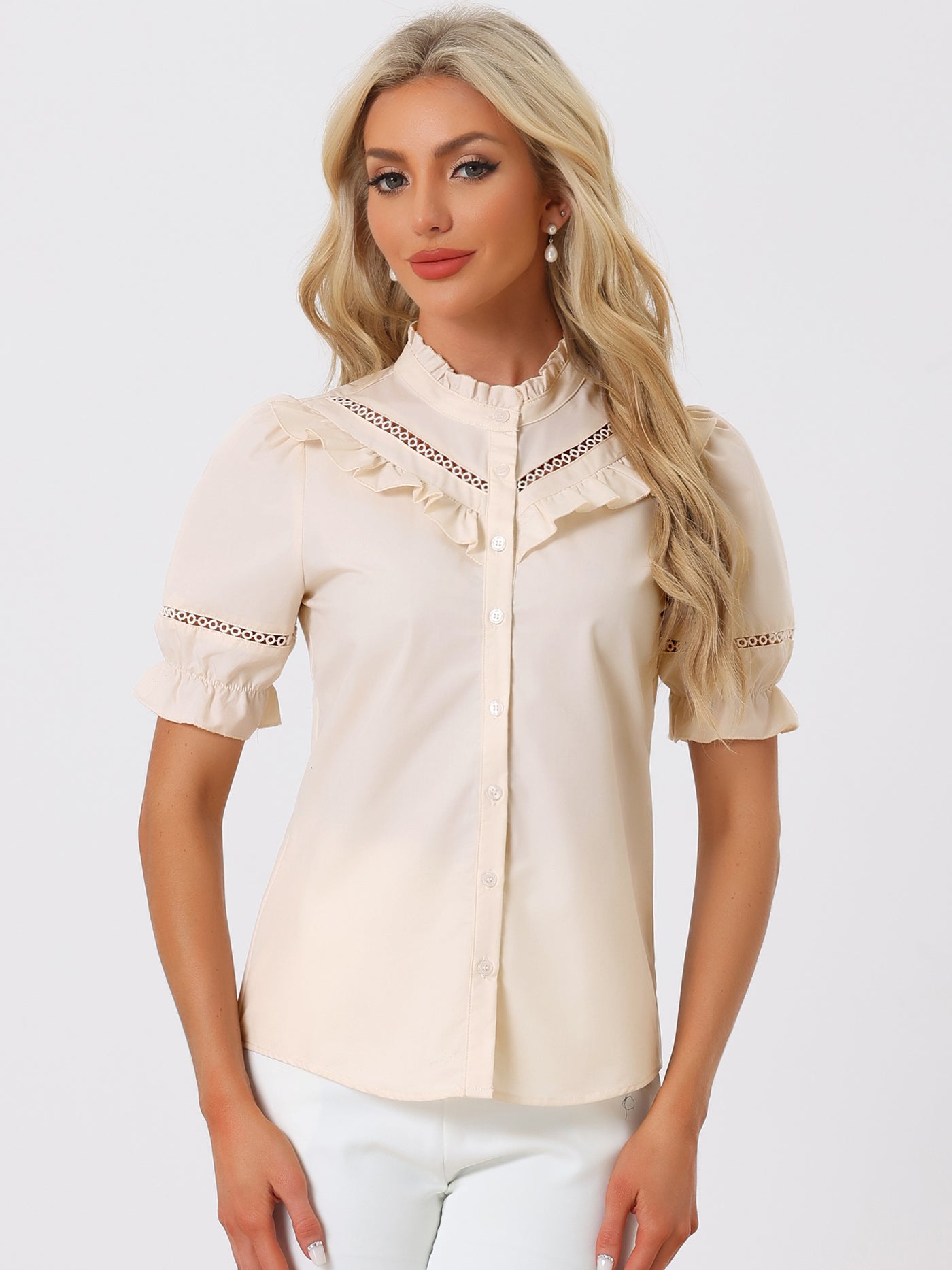 Allegra K Button Down Cotton Short Sleeve Ruffle Stand Collar Work Blouse