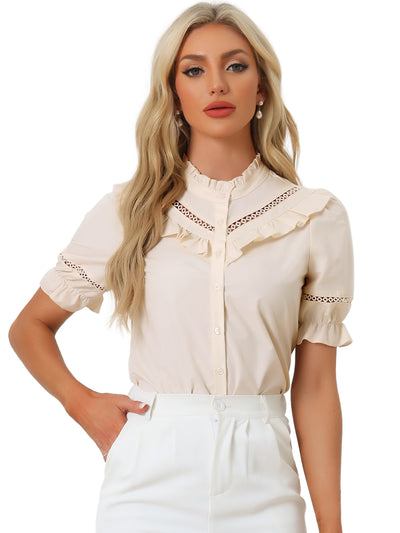 Button Down Cotton Short Sleeve Ruffle Stand Collar Work Blouse