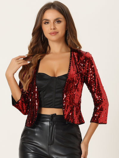 Sequin Shrug 3/4 Sleeve Open Front Glitter Sparkly Short Jacket