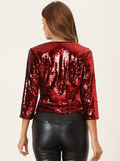 Sequin Shrug 3/4 Sleeve Open Front Glitter Sparkly Short Jacket