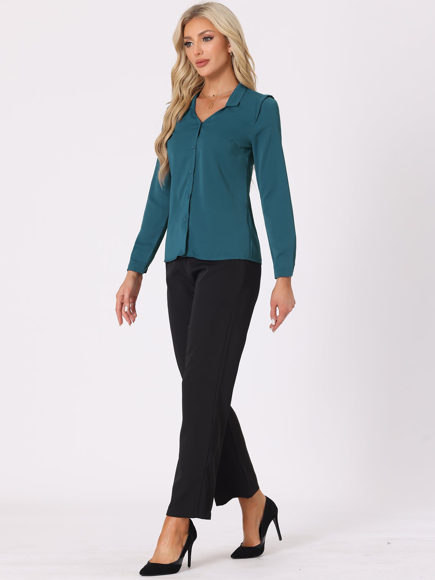 Allegra K Work Office Blouse Button Up Long Sleeve V Neck Chiffon Shirt