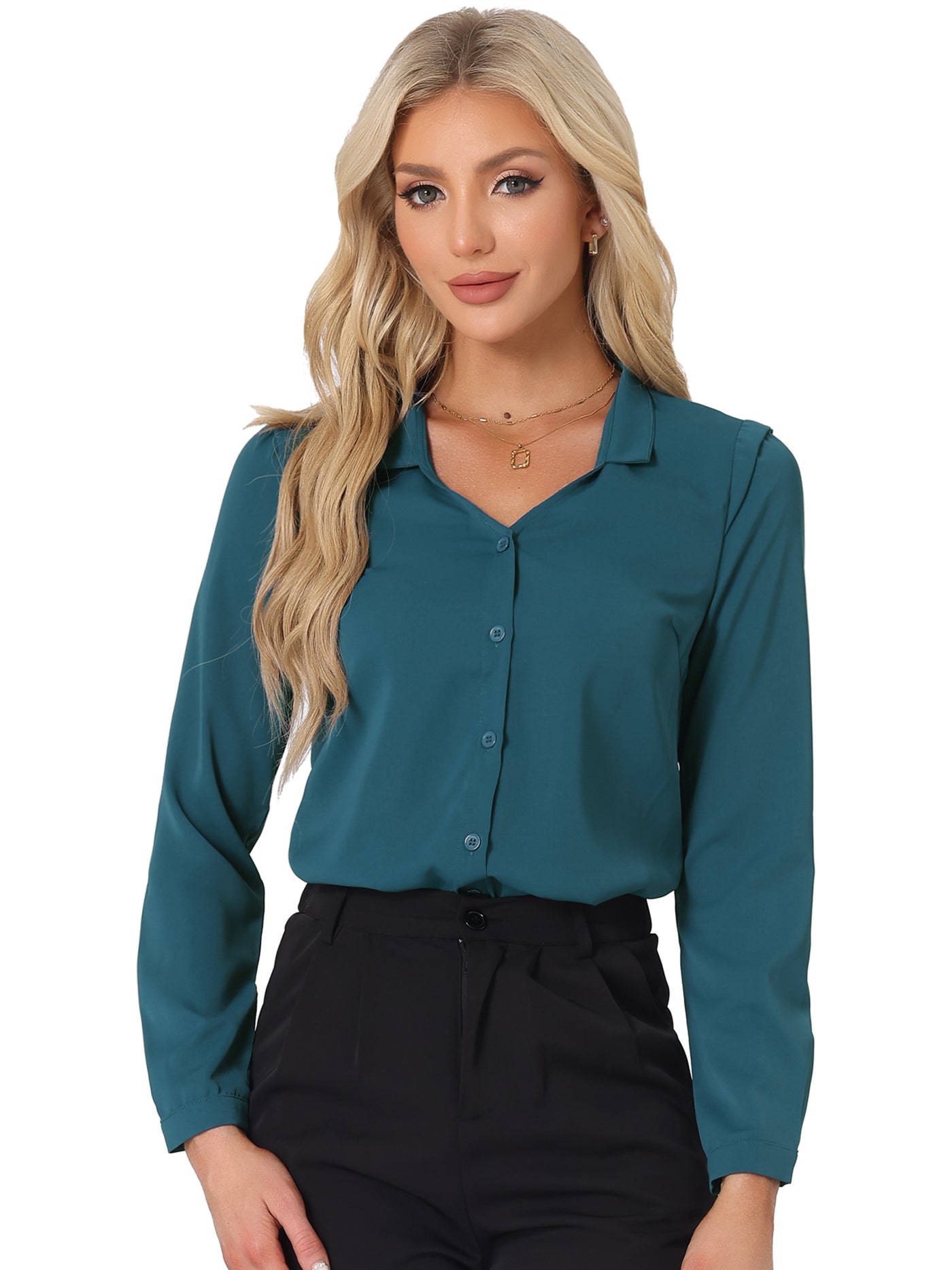 Allegra K Work Office Blouse Button Up Long Sleeve V Neck Chiffon Shirt