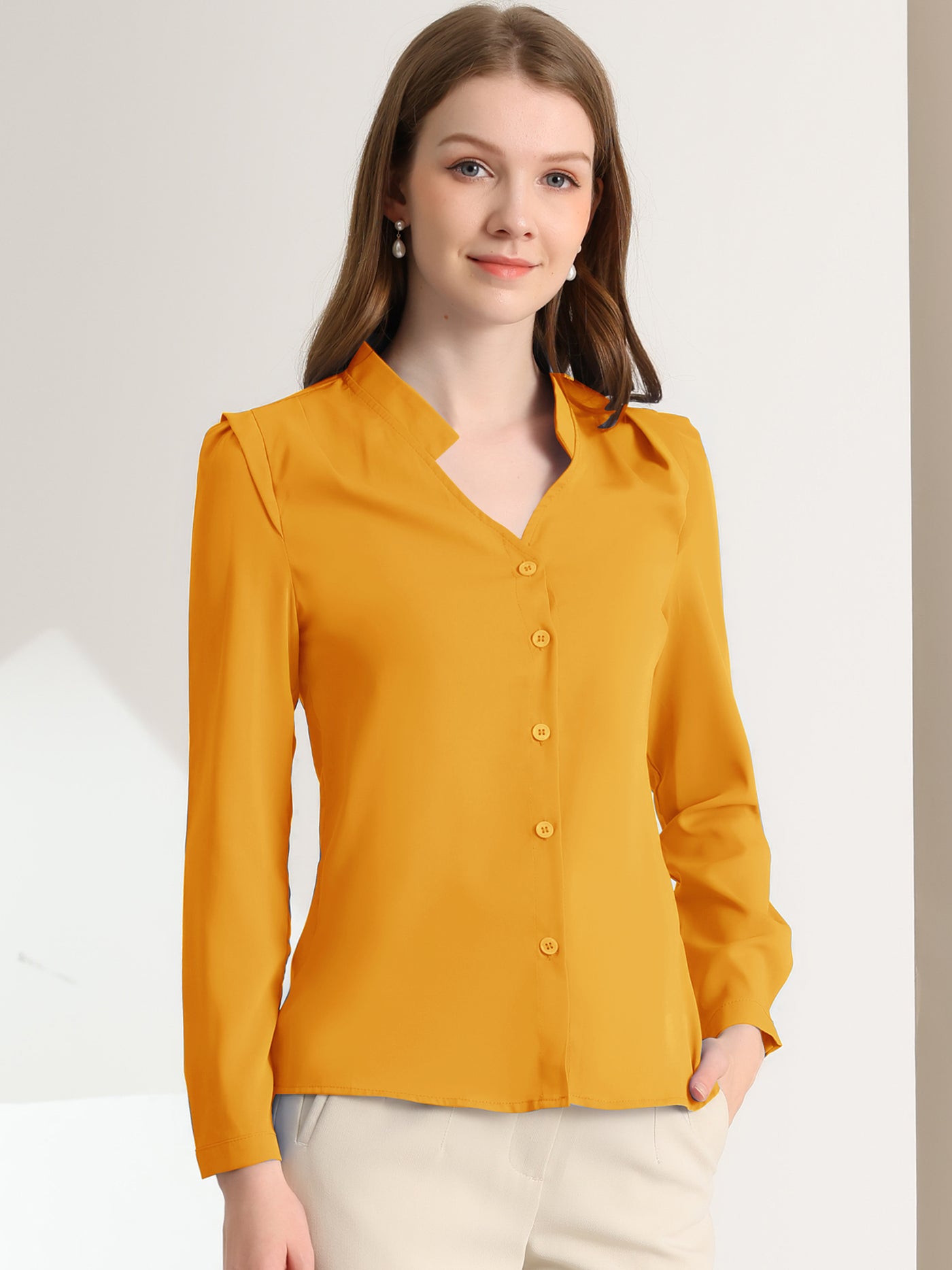 Allegra K Work Office Blouse Button Up Long Sleeve V Neck Chiffon Shirt