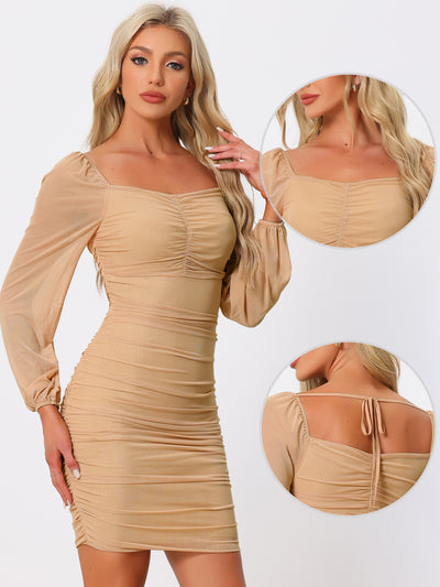 Bodycon Long Puff Sleeve Mini Mesh Ruched Solid Lace Up Party Dress