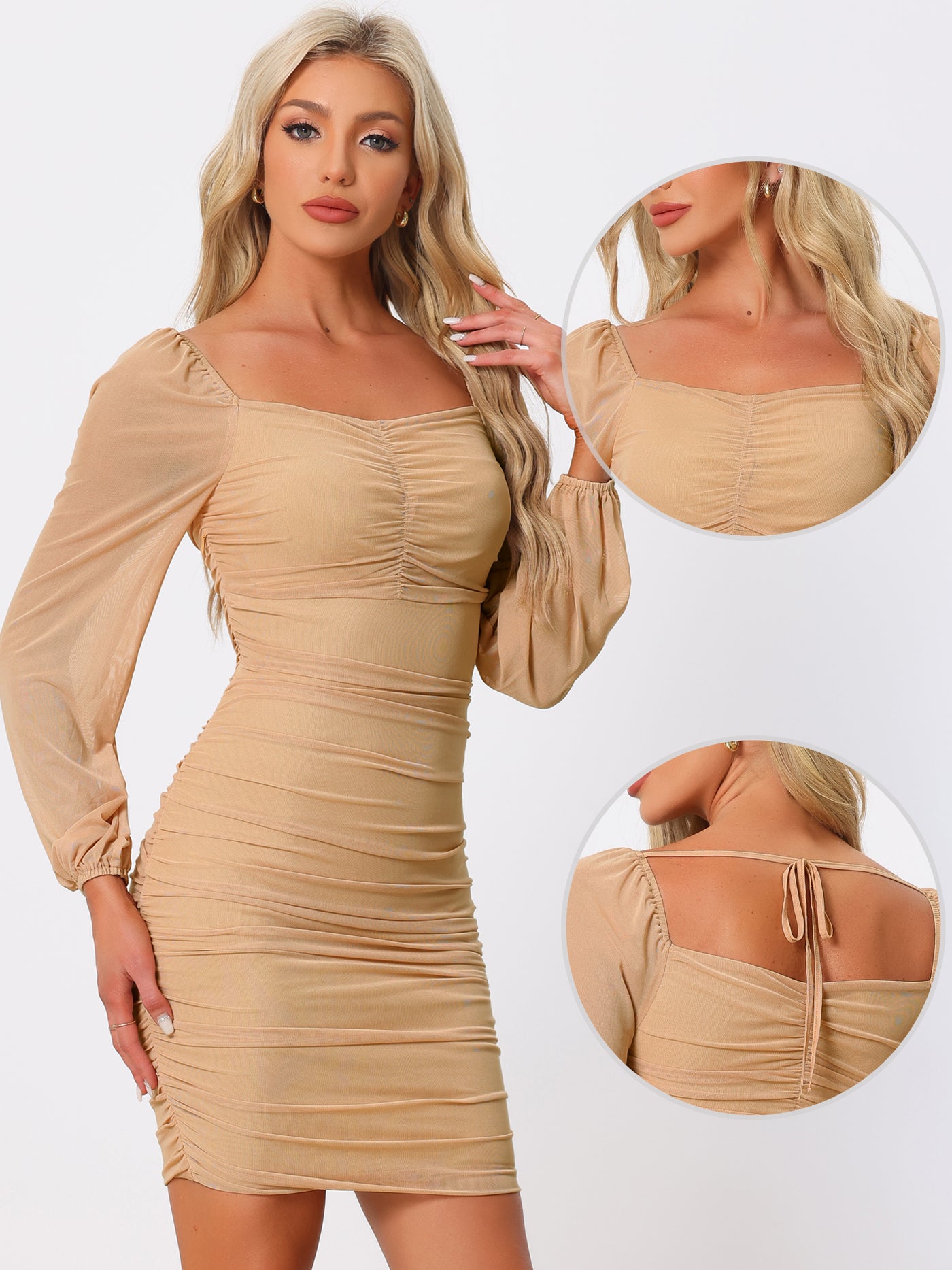 Allegra K Bodycon Long Puff Sleeve Mini Mesh Ruched Solid Lace Up Party Dress